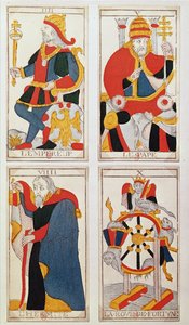 Négy tarotkártya, amelyek a császárt, a pápát, a remetét és a szerencsekeréket ábrázolják (színes fametszet) alkotó: French School