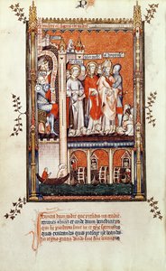 Fr 2092 f.37v Sisinnius, amely más mártírok holttestét mutatja St. Denisnek és társainak, Vie de St. Denisből, 1317 alkotó: French School