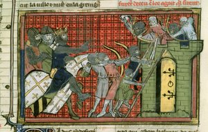 Fr 22495 f.36r Támadás egy város ellen, Le Roman de Godefroi de Bouillontól alkotó: French School