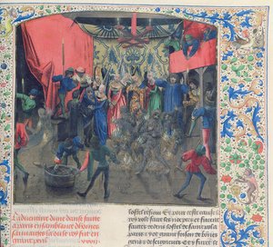 Fr 2646 f.176 Bal des Ardents, Károlyt Berry hercegné mentette meg, miután Orléans-i Lajos felgyújtotta a táncosok jelmezeit, 1392, a Froissarts Chronicle alkotó: French School