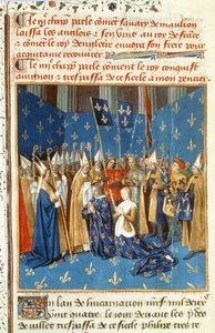 Fr 6465 f.247v VIII. Lajos (1187-1226) és Blanche de Castile megkoronázása Reimsben Jeruzsálem királya jelenlétében alkotó: French School