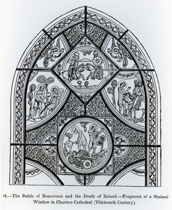 Egy ólomüveg ablak töredéke a Chartres-i katedrálisban, a roncevaux-i csatát és Roland halálát ábrázolja, illusztráció a Középkori és a reneszánsz tudomány és irodalomból, író
