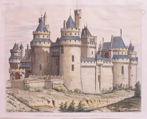 Franciaország, Pierrefonds középkori kastélya, Violet le Duc restaurálta a Moniteur des Architectes-től, metszet alkotó: French School
