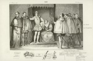 II. francia Ferenc tájékoztatja a parlament képviselőit, hogy nagybátyjait, Guise herceget és Károlyt, Lotharingia bíborosát választotta ki a kormányzásra, 1559 alkotó: French School