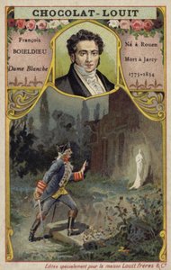 Francois-Adrien Boieldieu francia zeneszerző és a La Dame Blanche című operájának egy jelenete (kromolito). alkotó: French School