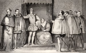 II. Francois (1544-60) azt mondja a parlamenti képviselőknek, hogy Guise hercege és a bíboros fogja irányítani az államot Colart „Histoire de France” című művéből, amely 1840 körül jelent meg. alkotó: French School