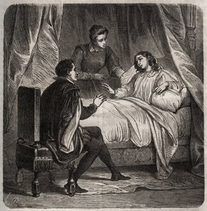 Francoise de Foix, Chateaubriant grófnője (kb. 1495-1537), beteg, ágyban fogadja Clement des Marets dit Marot (1496-1544), 1. Francois inasát. Metszet 1871-ből Henry de Kock (1819-1892) „Histoire Des Cocus Celebres” c. alkotó: French School
