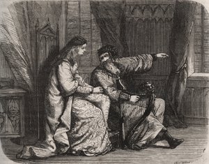 Fredegonde (545-597) aggodalmait Barbantini hárfásnak bízza, mert szerelme, Chilperic (akkor még I. Chilperic frankok királya (543-597)) nem vette feleségül. 565. Metszet 1871-ből a „Histoire Des Cocuses Celebres” c. Henry de Kock (1819-1892) alkotó: French School