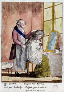 Francia forradalom: A királyi család Varenne-ba való menekülése 1791. június 20-án és 21-én: Lajos király XVI stílusú Marie Antoinette királynőnek a Korff bárónő gyermekei nevelőnőjének hamis útlevelével kellett volna távoznia. Anonymus colou alkotó: French School