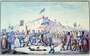 Francia forradalom: „A megalakult nép maszlaga papi ruhába öltözött””. Névtelen akvarell. 1793. Párizs, L