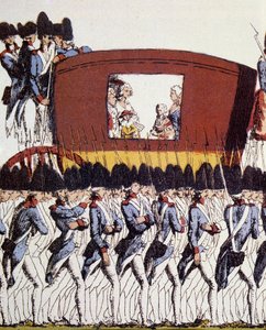 Francia forradalom: A királyi család visszatérése Párizsba 1791. június 25-én, miután Varennes-ben 1791. június 20-án és 21-én letartóztatták. Eau-forte coloriee anonymous 1791 V. 23,2x34,6 Párizs, Musee Carnavalet. alkotó: French School