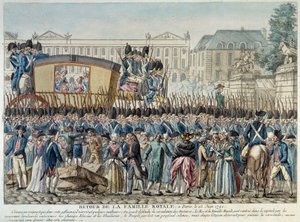 Francia forradalom: "A királyi család visszatérése Párizsba 1791. június 25-én" A menet áthalad a Place de la Concorde-on. A 18. század végi francia iskola metszete. Párizsi Musée Carnavalet alkotó: French School