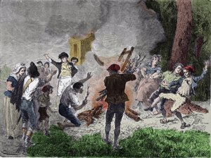 Francia forradalom: „” Az emberek 1792 szeptemberében elégették Claude Chappe távíróját a menilamounti Saint-Fargeau parkban, azt hitték, hogy ez egy olyan eszköz, amely a templom börtönébe zárt királyi családdal való kommunikációt szolgálja”” „Vésés alkotó: French School