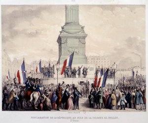 Az 1848-as francia forradalom: a második köztársaság kikiáltása a Place de la Bastille-on felállított júliusi oszlop tövében, 1848. február 25-én. 19. századi litográfia. Párizs, Musee Carnavalet alkotó: French School