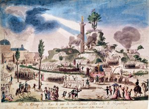 Francia forradalom: A Legfelsőbb Lény ünnepe a Champs de Marson 1794.06.08-án (20 Prairial An II). 18. századi névtelen metszet. alkotó: French School