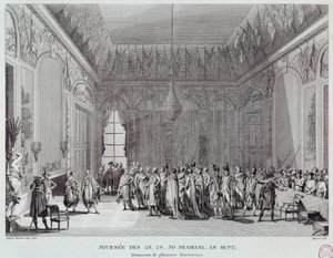 Francia forradalom: a VII. év 28., 29. és 30. napja, amely 1799. június 18-án Emmanuel-Joseph Sieyes abbé (1748-1836) puccsához (vagy a zsinatok bosszújához) vezetett. és több Thermidori rendező távozását látta. Metszet o alkotó: French School