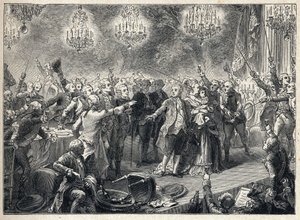 Francia forradalom: a királypártiak hűséget esküdnek a monarchiának Marie Antoinette királynő (1755-1793) XVI. Lajos királya (1754-1793) és a delfin jelenlétében az 1789. október 1-jén az Orangeillesrie de Versaillesrie-ben rendezett testőrségi lakomán. - alkotó: French School