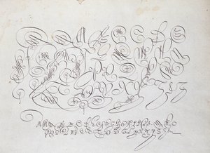 Francia kalligráfia: Kaputábla, Frisius, a király kalkulátorának metszete Robert Vignontól az íráskertben 1600 körül. alkotó: French School