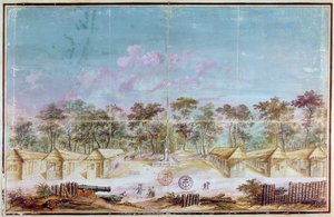 Francia gyarmatosítók letelepedése Kourou tengerpartján, Guyana 1763-ban (wc papíron) alkotó: French School