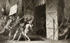 Francia lovagok megtámadnak egy angolok által birtokolt várost a 100 éves háború alatt Colart „Histoire de France” című könyvéből, amely 1840 körül jelent meg alkotó: French School