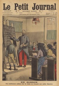Francia katona, aki egy osztályos iskolásokat tanít franciául Elzászban (színes litho) alkotó: French School
