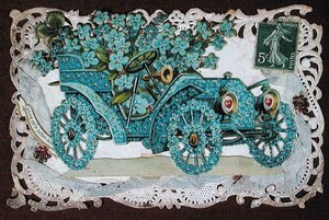 Virágokkal borított autót ábrázoló barátság üdvözlőlap, XX. század eleje (színes litó)_ alkotó: French School