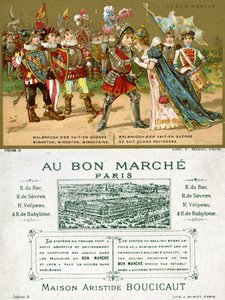 Az Au Bon Marché párizsi áruház promóciós kártyájának elülső és hátlapja, amely az egyik legnépszerűbb francia nyelvű népdalt, a Marlbrough sen va-t-en guerre-t (Marlborough) ábrázolja.