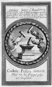 Antoine Furetiere (1619-1688) a „Factumok” frontisze a Francia Akadémiával szemben. Metszet 1860-ból. alkotó: French School