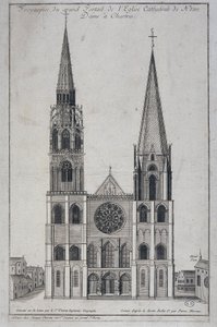 A Cathedrale de Notre Dame à Chartres nagy portáljának homlokzata, amelyet a helyszínen tervezett Saint Vincent Geographer Engineer, sd. 19. század alkotó: French School