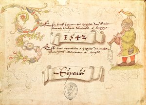 Elülső kép a Recueil de chants religieux et profanes IX-ből, egy szemüveges férfit ábrázol, aki fúvós hangszeren játszik madárral a fején, 1542 alkotó: French School