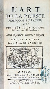 A francia és latin költészet művészetének frontképe, Pherotee La Croix új módszere szerinti zenei ötlettel alkotó: French School