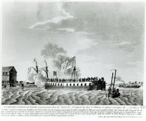 Fultons gőzhajtású hadihajó, a Fulton the First, amelyet Robert Fulton tervezett és épített New York védelmére az 1812-es háborúban (bw fotó a 19. század eleji metszetről) alkotó: French School