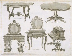 Lefevre-Chauveaux bútortervei, a Dessins de Meubles albumból, fekete-fehér gravírozás alkotó: French School