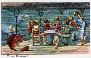 Futuredays: A 2000-es év tizenkilencedik századi víziója – „” sorozat 2000-ben”: Lásd a teraszt (a tenger alatt). Kromolitográfia, Villemard alkotó: French School