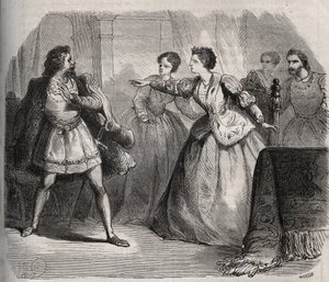 Gabrielle de Vergy vitatja vőlegényét, Eudes de Fayelt, aki féltékeny az unokatestvérével, Albert de Nozereau-val ápolt barátságra. Egy 12. századi legenda jelenete. Metszet 1871-ből Henry de Kock (1819-1892) „Histoire Des Cocus Celebres” c. alkotó: French School