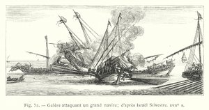 Gálya megtámad egy nagy hajót; Izrael Silvestre után, 17. század (metszet) alkotó: French School