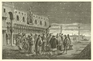 Galileo megmutatja a Jupiter műholdait a velencei szenátoroknak (metszet) alkotó: French School