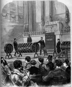 Szerencsejáték: a nemzeti lottó sorsolása a Trocadero ünnepi termében 1879. január 6-án Párizsban. Metszet az 1879. február 1-i „” Le Monde Illustré”” 1140. sz. alkotó: French School