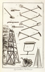 Kertészeti eszközök és mobil metszőplatform, Denis Diderot (1713-84) Encyclopedie des Sciences et Metiers című könyvéből, 1770 körül. alkotó: French School