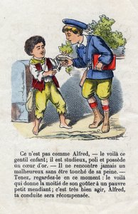 Generosite. Gyermek íze felét egy kis koldusnak adja. Kisfiúk ábécé. Az olvasásgyakorlatokat tartalmazó abeczedary erkölcsi értékkel bír. Epinális képalkotás a 19. század végén alkotó: French School