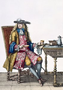 Gentlemans Eaborate Outfit, 1760 88:Egy úriember kidolgozott hímzett mellény, kabát és sapka; 99:férfi; népviselet; tradicionális öltözet; divat; c18th; ülő; asztal; lapon alkotó: French School