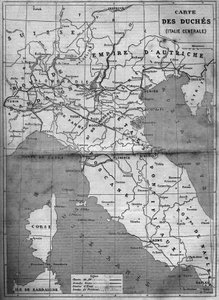 Közép-Olaszország hercegnőjének földrajzi térképe 1860-ban. Metszet a „” Le Monde Illustré”” 143. számában, 1860. január 7.. alkotó: French School