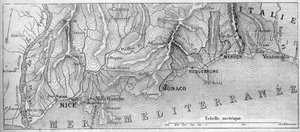 A Principaute de Monaco földrajzi térképe 1861-ben, mielőtt Roquebrune és Menton csatlakozott Franciaországhoz. Metszet a „” Le Monde Illustré”” 202. számában, 1861. február 23. alkotó: French School