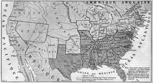 Az Amerikai Egyesült Államok földrajzi térképe 1861 márciusában. A futásban a rabszolgaállamok képviseltetik magukat. Fehérrel írva az Unióból kivált hét konföderációs állam neve: Texas, Dél-Karolina, Mississippi, Florida, Alabama, Georgi alkotó: French School