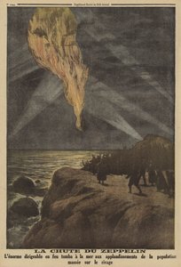 Légvédelmi tűz által lángba borított és a tengerbe zuhant német Zeppelin, I. világháború alkotó: French School