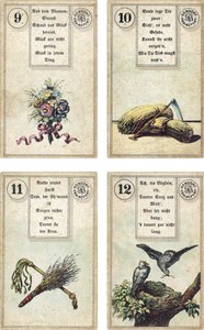 A Lenormand francia kartondoboz német kiadása: A virágok, a kasza, a nyírfabot, a korbács, a madarak, kiadó: Dondorf, Frankfurt, 19. század alkotó: French School