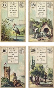 A Lenormand francia kartondoboz német kiadása: A gólya, a kutya, a torony, a kert, kiadó: Dondorf, Frankfurt, 19. század alkotó: French School