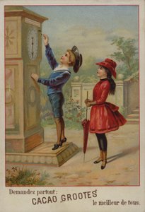 Lány néz egy fiút, aki az órát állítja (chromolitho) alkotó: French School