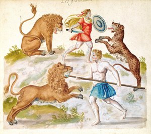 Az állatokkal harcoló gladiátorok (wc papíron) alkotó: French School