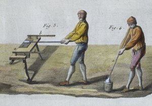 Üvegfúvás, részlet, illusztráció Denis Diderot (1713-84) Encyclopedie des Sciences et Metiers-ből, Robert Benard (fl.1734) metszete, 1770 körül megjelent (színes metszet) (lásd még: 326118) alkotó: French School